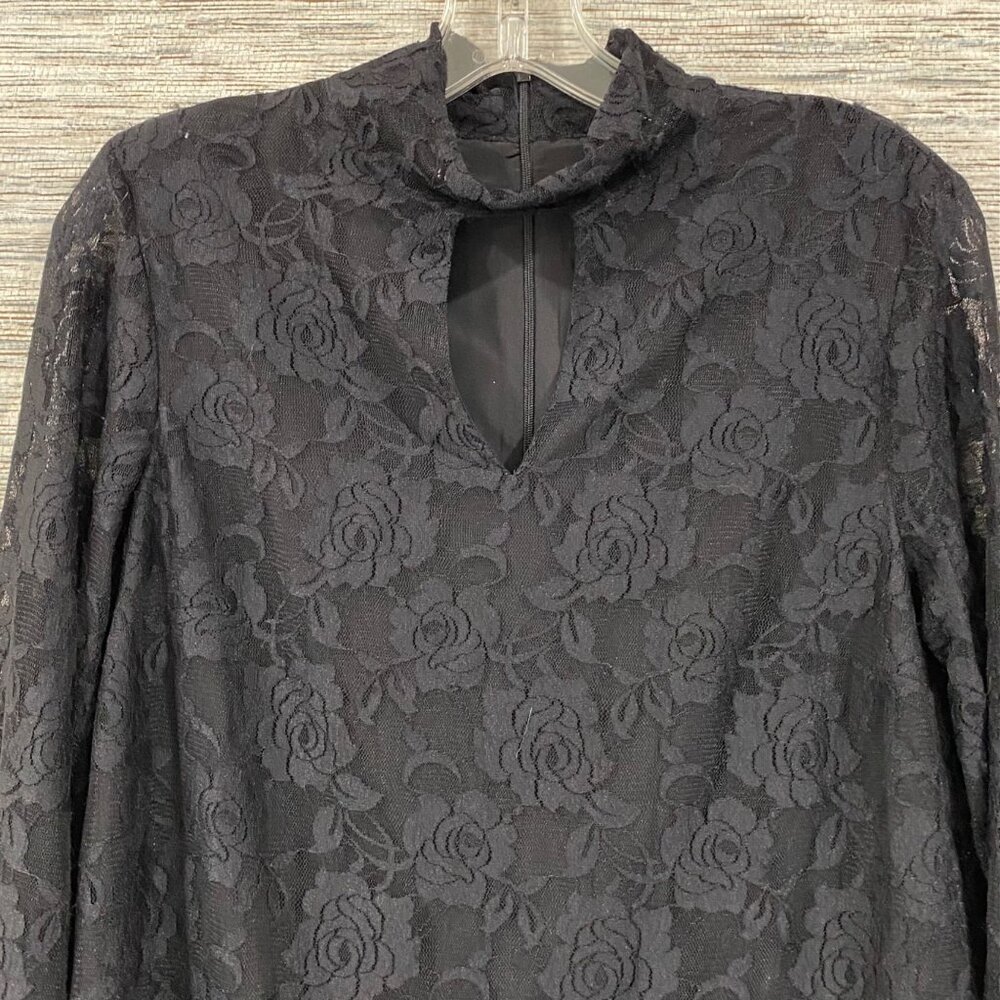 🖤Libby Edelman Lacey Black Floral Rose Pattern Dress Velvet Cuff Ties Keyhole N - Picture 2 of 6